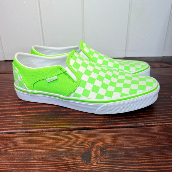 VANS Neon Green / White Checkerboard Slip On Sneakers - Picture 2 of 8